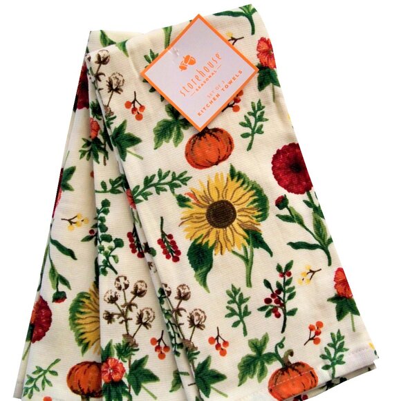 Storehouse Seasonal 3 Pc. Kitchen Towel Set Pumpkin Sunflower Fall Autumn Design - Picture 1 of 2